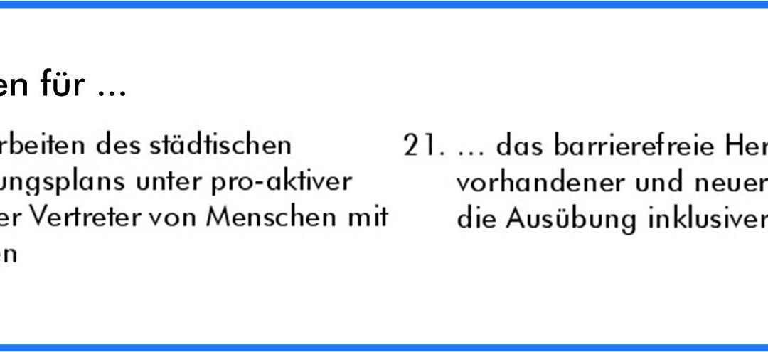 „Mönchengladbacher Protest­liste“: Standpunkte der OB-Kandidaten, Parteien und Wähler­gruppen im Detail • Protestpunkte 20 und 21: Stichwort „Inklusive Sportanlagen“