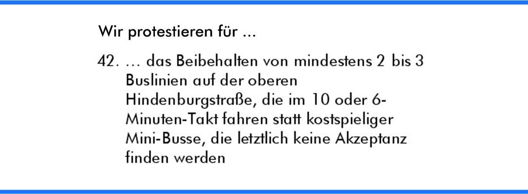 „Mönchengladbacher Protest­liste“: Standpunkte der OB-Kandidaten, Parteien und Wähler­gruppen im Detail • Protestpunkt 42: Stichwort „Busverkehr Hindenburgstraße”